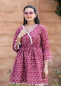 Bandhani Printed Gathered & Pleated Cotton Fit & Flare Dress