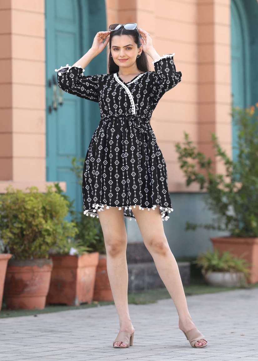 Black Printed Gathered &amp; Pleated Cotton Fit & Flare Dress