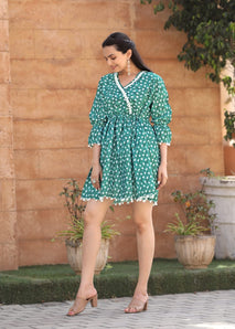 Green Printed Gathered &amp; Pleated Cotton Fit & Flare Dress