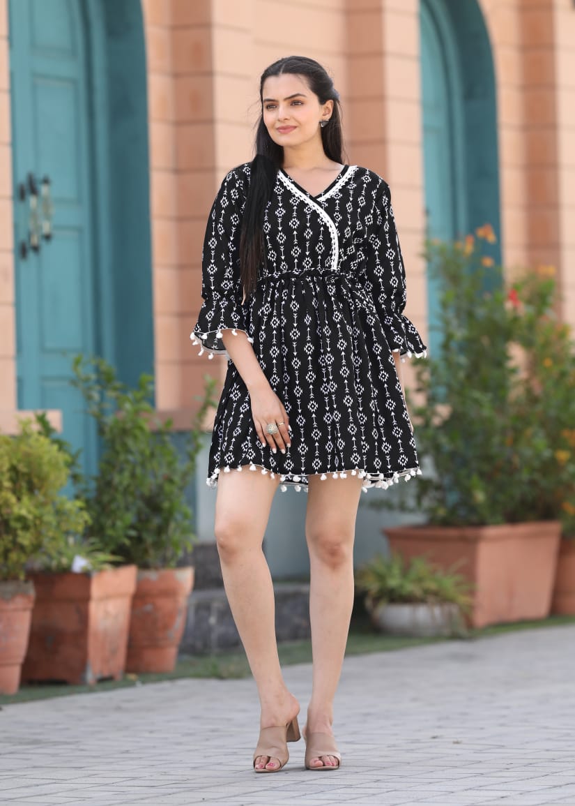 Black Printed Gathered &amp; Pleated Cotton Fit & Flare Dress