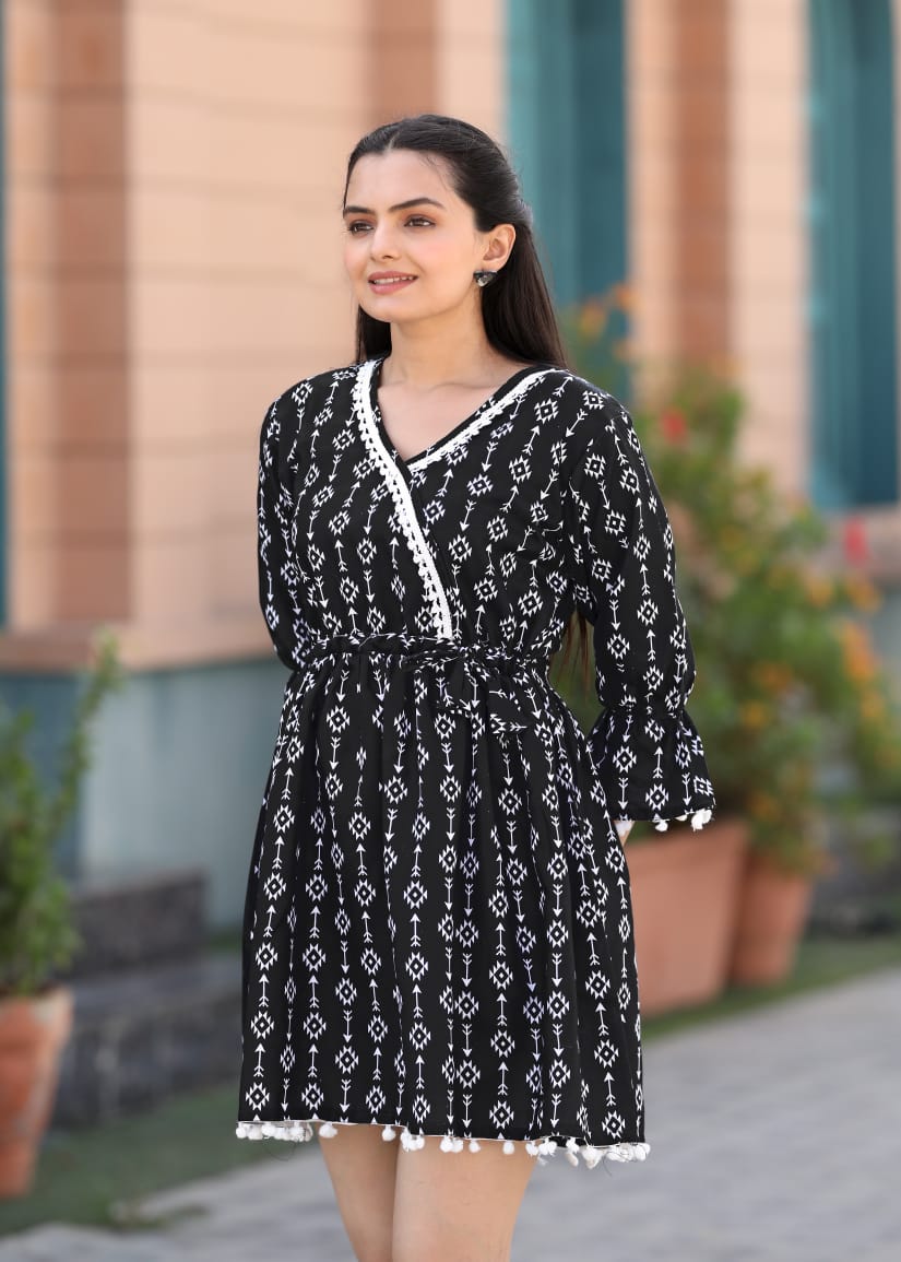 Black Printed Gathered &amp; Pleated Cotton Fit & Flare Dress