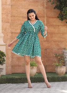 Green Printed Gathered &amp; Pleated Cotton Fit & Flare Dress